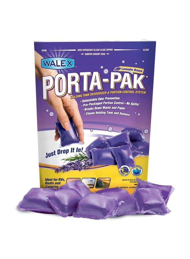 WALEX Porta-Pak Black Holding Tank Deodorizer & Portion Control System Drop-Ins - Rapid Breakdown of Waste & Paper, Odor Prevention, Cleans Tank & Sensors - Lavender Breeze, 10-Pack - Image 1